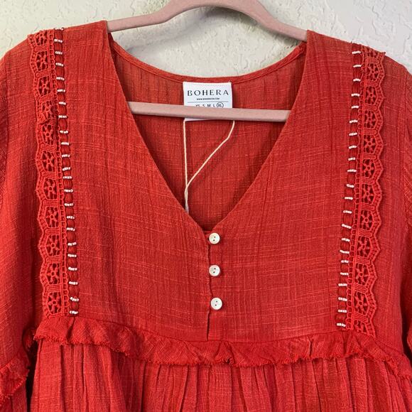 BOHERA Blouse XL Boho Shirred Ruffle Tiered Pinkilicious V-Neck Lace & Beads NWT - Picture 5 of 15